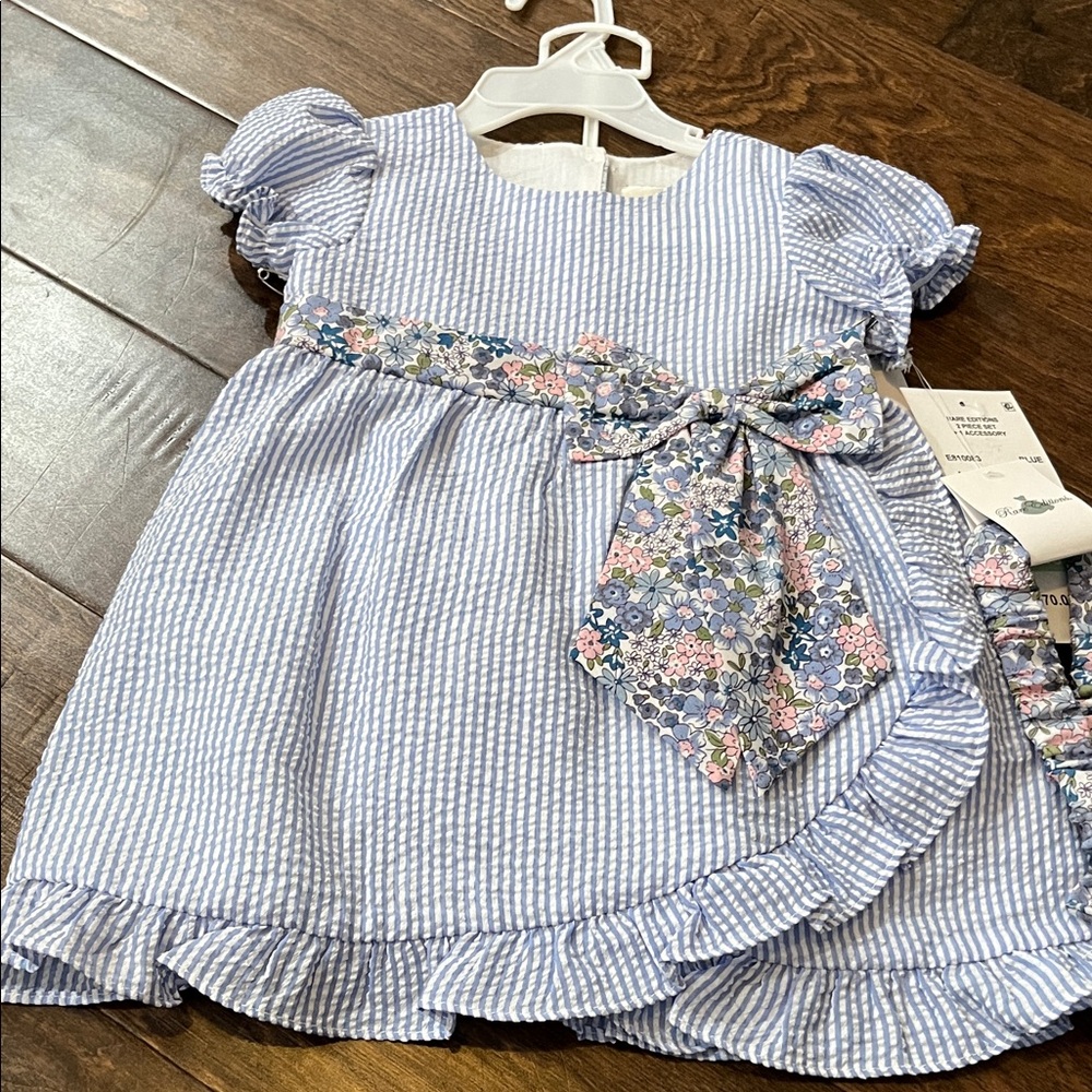 NWT beautiful Blue and White Seersucker Striped 3 piece kids Dress!
